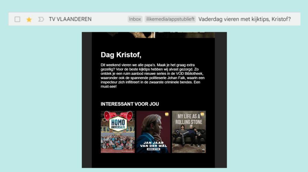 Voorbeeld van TV Vlaanderen van een gepersonaliseerde nieuwsbrief