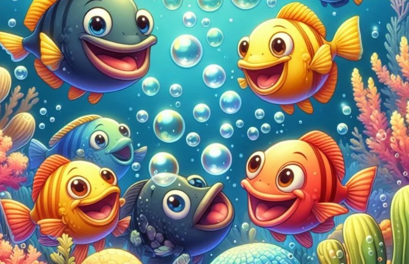 Illustratie van vrolijke cartoonvissen tussen luchtbellen en koraal onder water